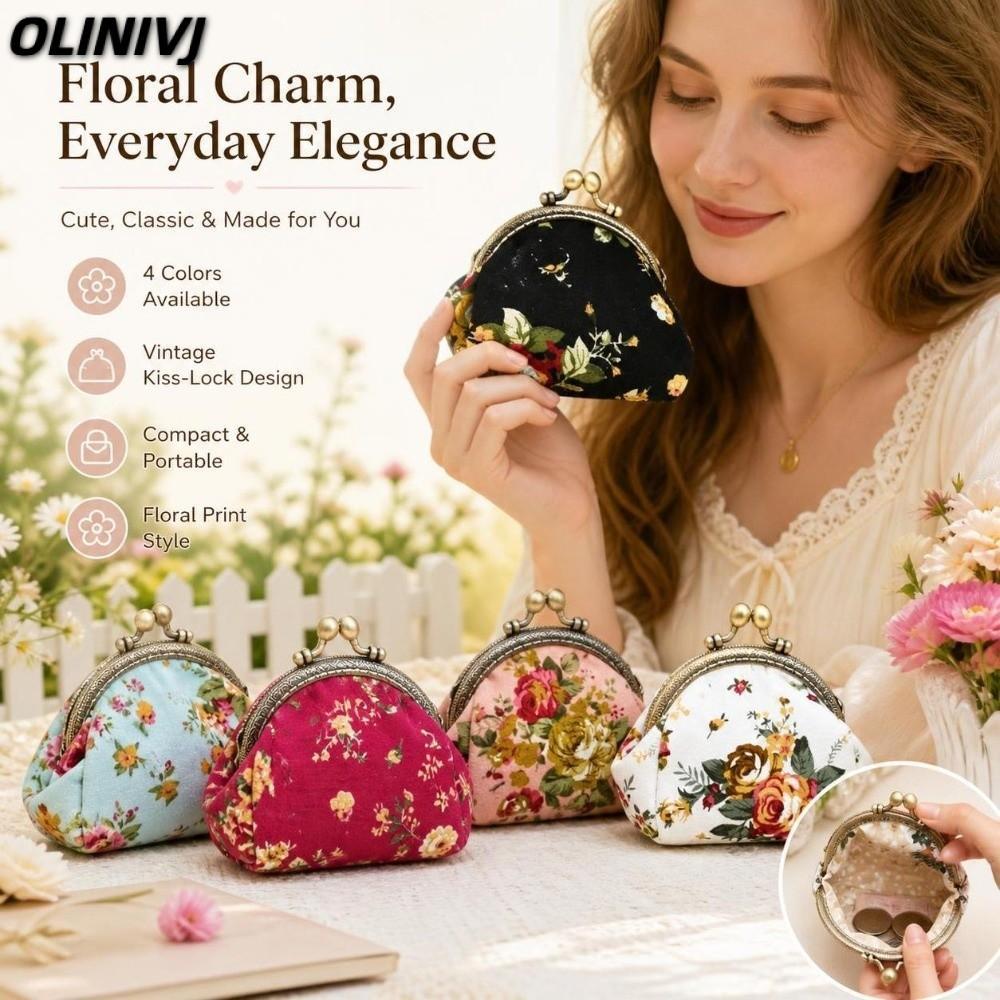 Ví đựng tiền xu hoa hồng OLINIVJ, Túi ly hợp khóa nụ hôn in hoa hồng Mini, Túi đựng chìa khóa son môi dễ thương Khung kim loại Hộp đựng thẻ nhỏ gọn Túi quà tặng ví