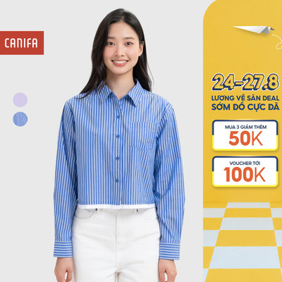 Áo sơ mi dài tay nữ CANIFA họa tiết kẻ sọc dáng ngắn công sở 6TH26S003