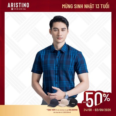 Áo sơ mi ngắn tay nam ARISTINO màu xanh tím than kẻ lịch lãm, sang trọng ASS111S3