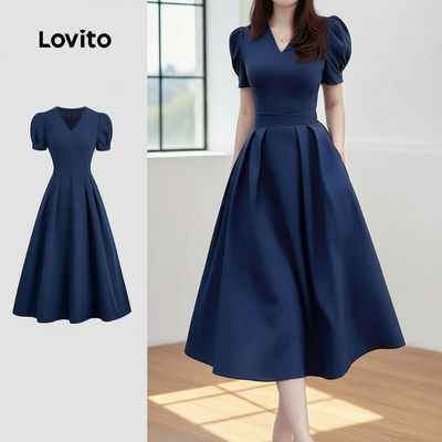 Lovito thanh lịch Váy Nữ Mùa Xuân Hè Màu Xanh Navy Xếp Ly Đơn Giản L155ED1159