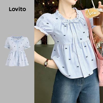 (New Arrival) Lovito Áo sơ mi nữ màu xanh dương nơ trang trí cúc cài viền bèo phong cách xuân/hè L200AD177