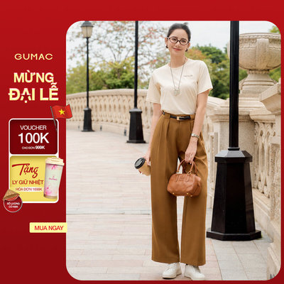 Quần Tây Nữ GUMAC Chiết Ly Ống Rộng Bản Lưng Phối Đỉa To Cách Điệu QF07026