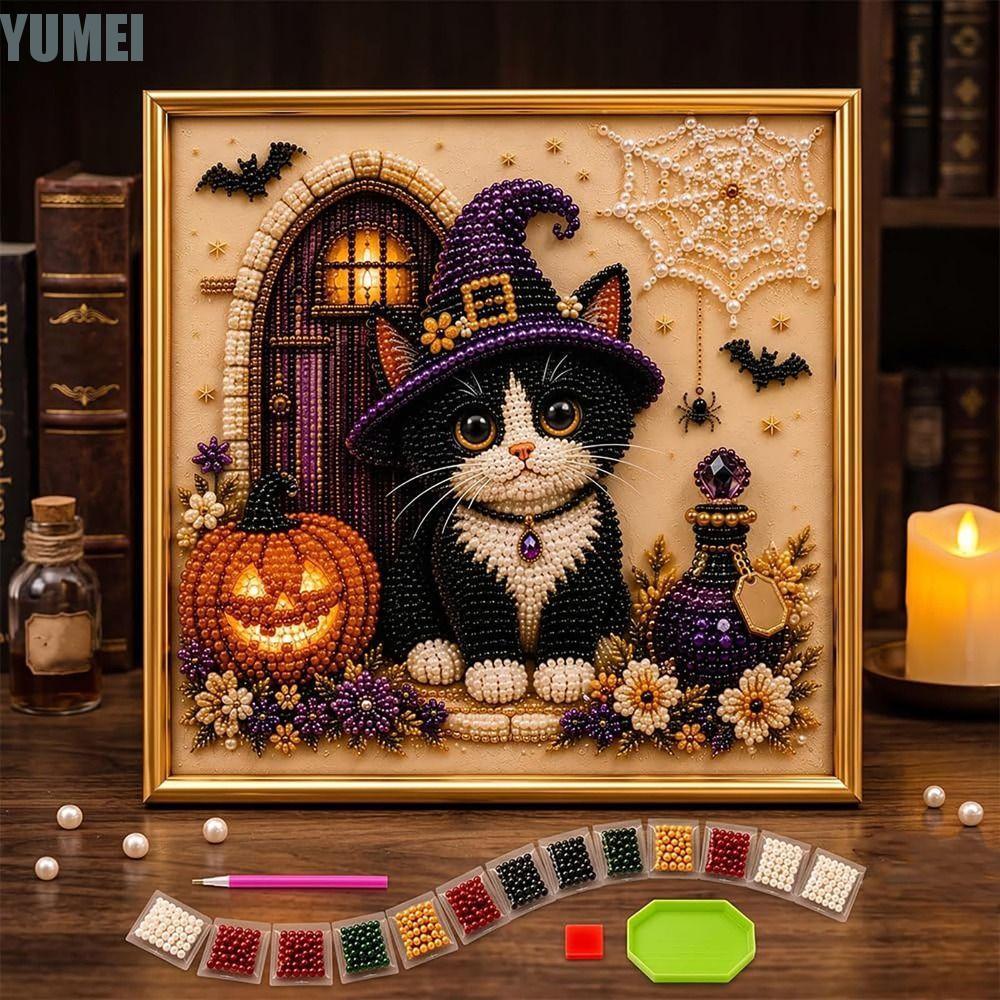 YUMEI Halloween Cat Pearl Bead Painting Kit, DIY Pearl Bead Diamond Art Craft, có khung Diamond Dot 