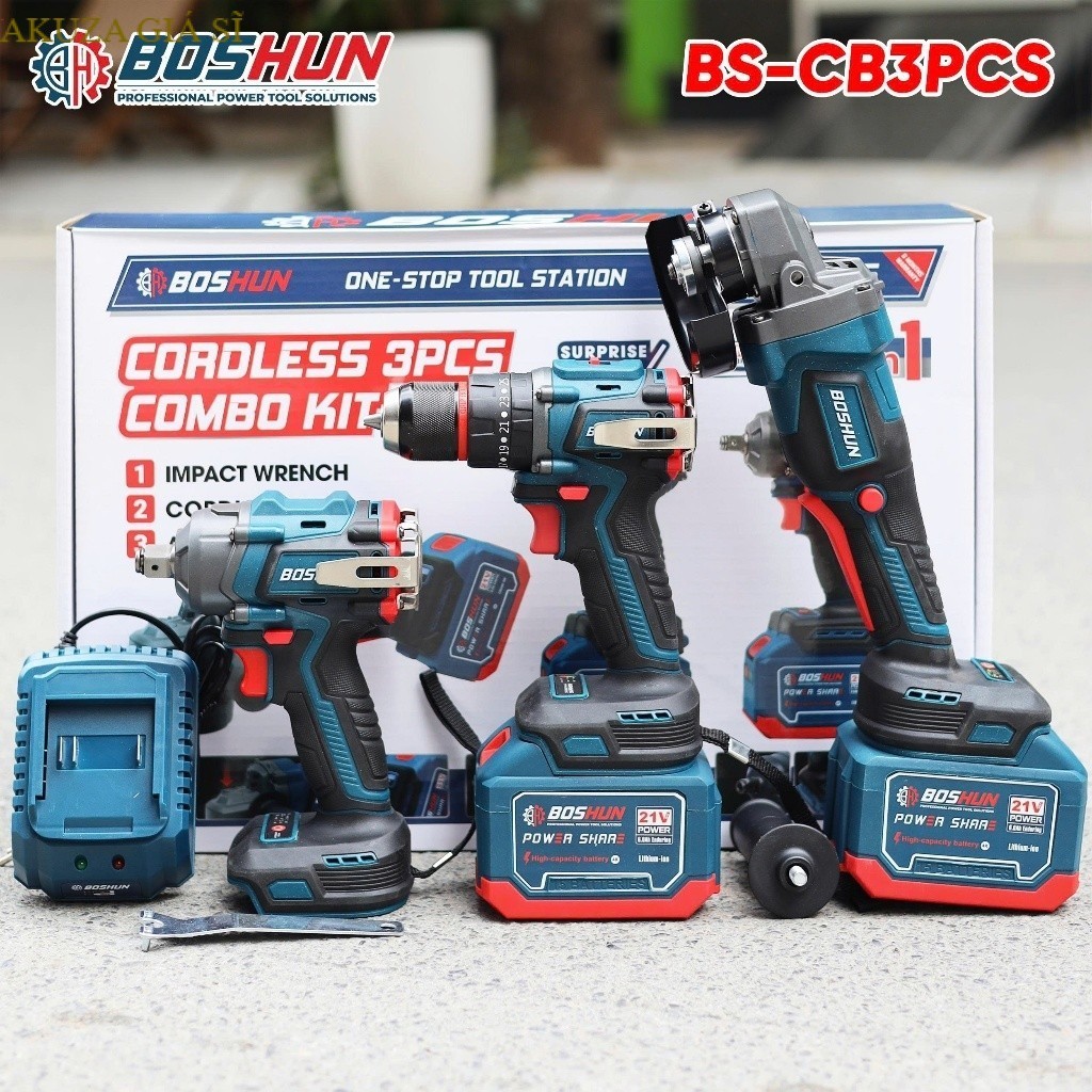 Combo 3 Máy Khoan  BS-CB3PCS , Bulong , Mài Boshun Không Chổi Than Kèm 2 Pin 15 Cell AKUZA GIÁ SĨ
