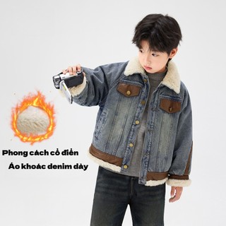 [120-170 size] Áo khoác Demin cổ lông dành cho bé trai phong cách Hàn Quốc