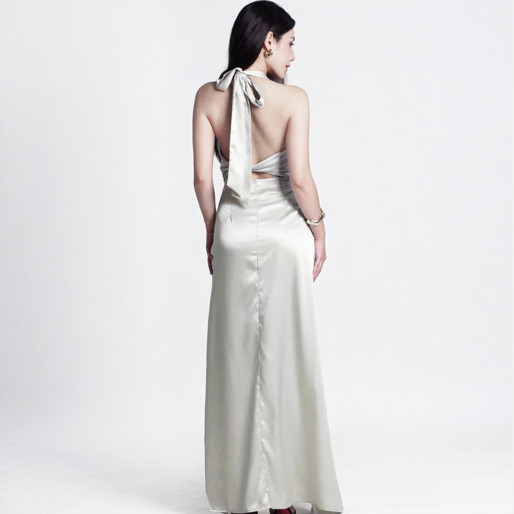 [ DEAL XẢ KHO ] Đầm Lụa Dự Tiệc Xẻ Tà Phối Chéo Lưng Cách Điệu NV676 Dáng Dài Qua Mắt Cá Chân Nữ Women Dress Xám | BigBuy360 - bigbuy360.vn