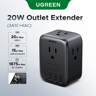 Bộ mở rộng ổ cắm UGREEN US với 4 ổ cắm AC, 1 USB-C (20W), 3 USB-A (15W), Chống sét, Thiết kế màu đen nhỏ
