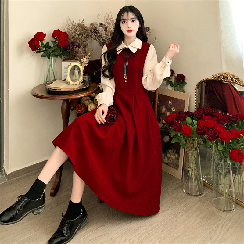 Đầm phong cách mới, phong cách đại học, tay dài, đầm retro Mori, đầm dài Pháp thanh lịch, thon gọn c