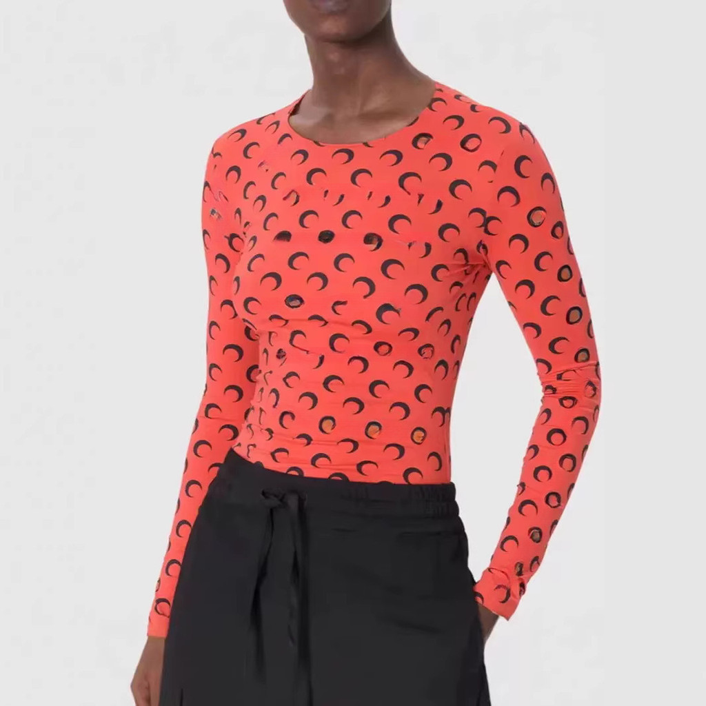 HXPM New red printed round-neck moon ice silk long-sleeve base shirt T Shirt