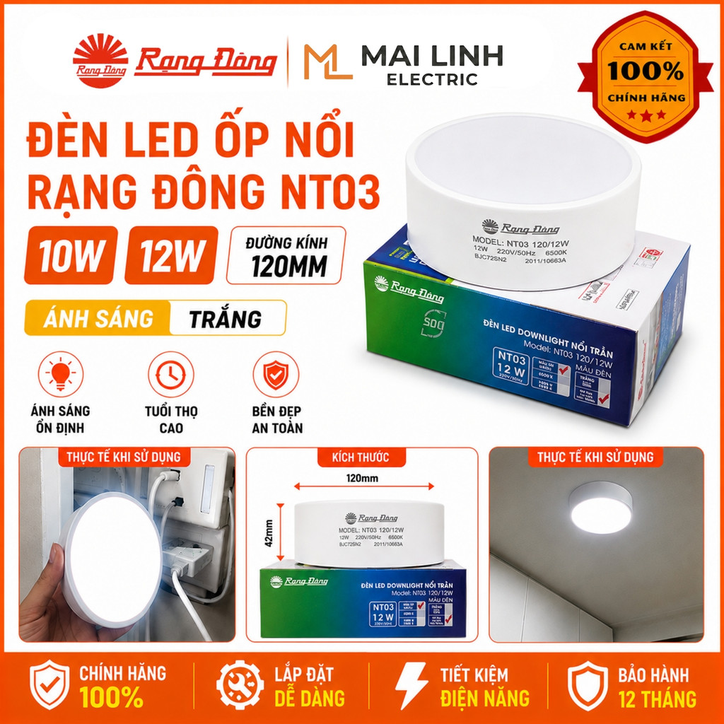 [CHÍNH HÃNG] Đèn Led ốp nổi Rạng Đông, Đèn Lon, Đèn ống bơ 10W - 12W (Màu Trắng) Ánh sáng trắng - Mo