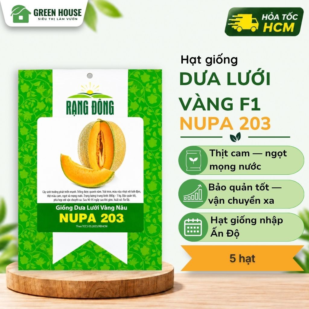 Hạt giống Dưa Lưới Vàng Nâu Nupa 203 Rạng Đông 5 hạt | Thịt cam 800g-1kg, thu 90-95 ngày | Green Hou