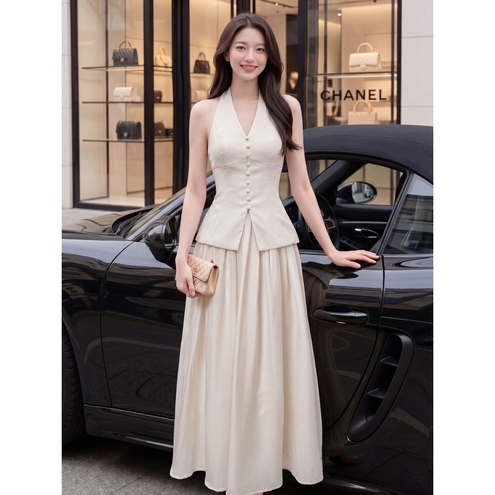 YM Concept Set Áo GiLe Cổ Yếm Phối Nút Bọc Và Chân Váy Xoè - D1646