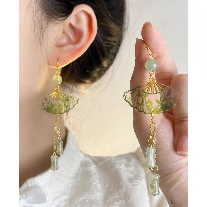 Preferred#2024New Chinese-style transparent folding fan and green bamboo earrings for women, niche v