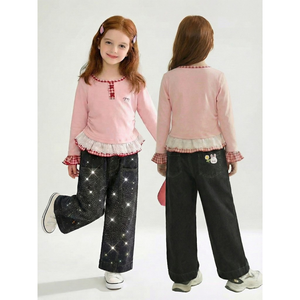 Quần jean Baggy pha lê màu đen Y2K Dạo phố Teen Girls Thu Đông