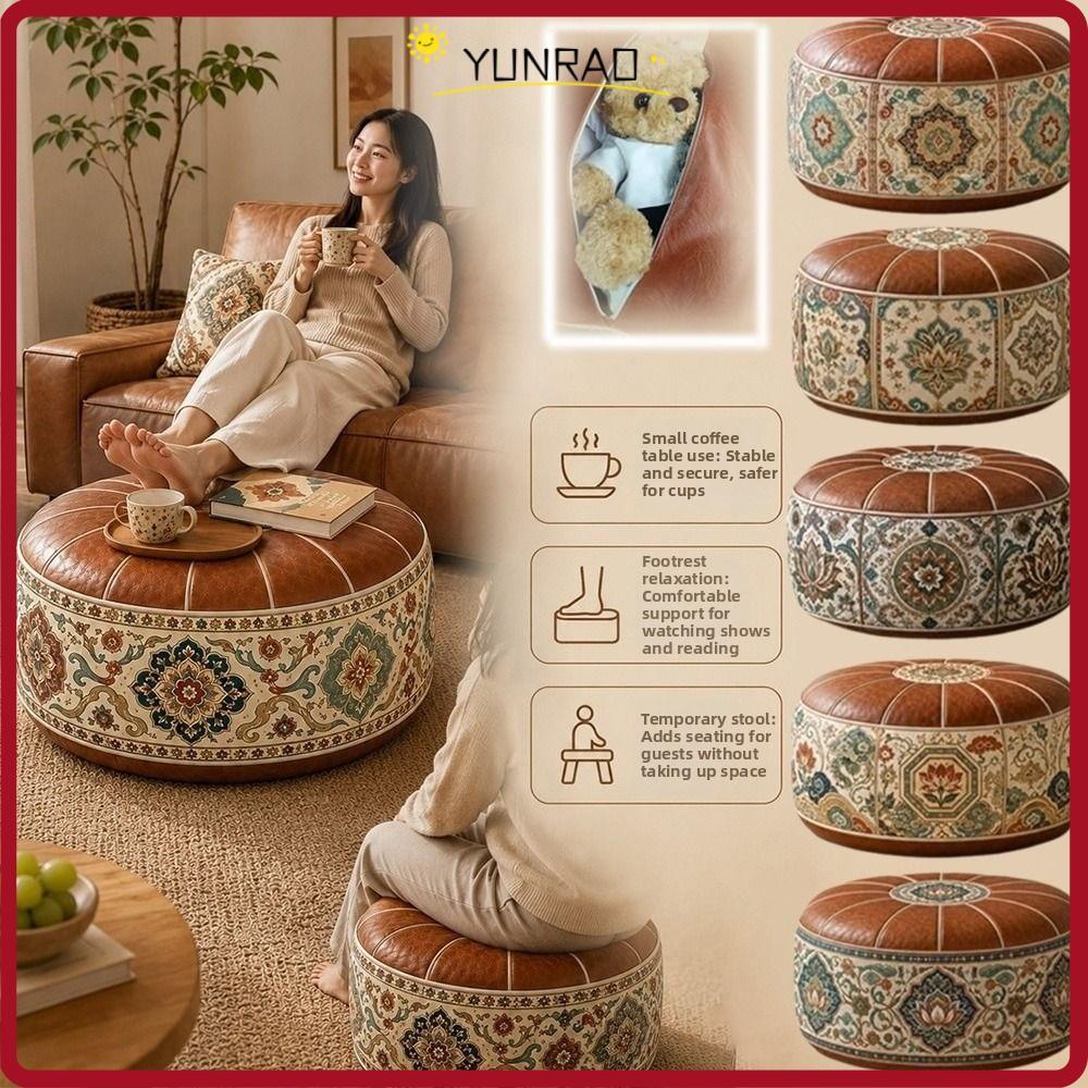 YUNRAO Ottoman Pouf, Da PU Có Thể Gập Lại Chân Bao, Hình Tròn Boho Họa Tiết Lưu Trữ Ottoman Phòng Ng