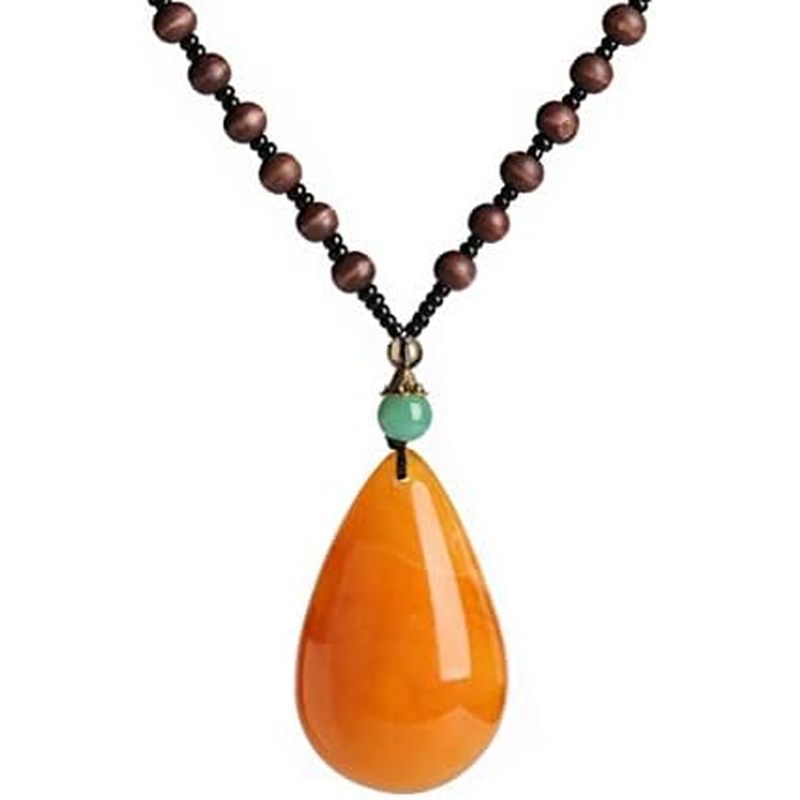 Long Wooden Beaded Necklace for Women Handmade Vintage Pendant Necklace (Teardrop shape)