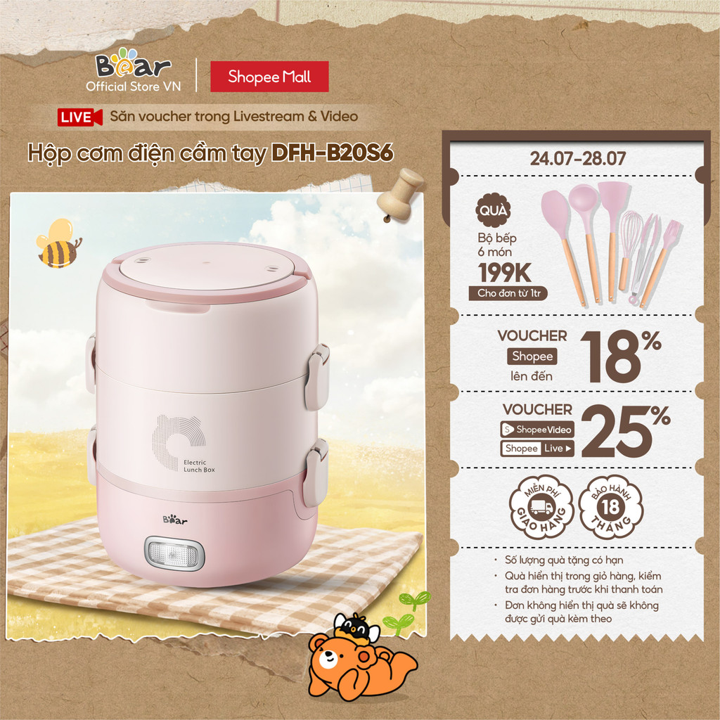 Hộp cơm điện cầm tay đa năng Bear DFH-B20S6 - Chính Hãng - BH 18 tháng