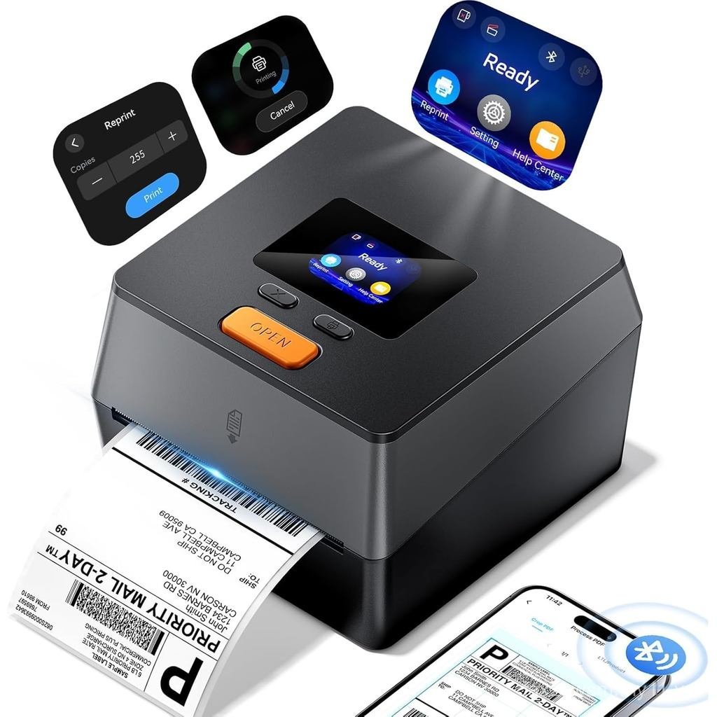 Máy in nhãn vận chuyển Phomemo có màn hình có thể chạm vào, Máy in nhãn nhiệt Bluetooth 4x6 có giá đ