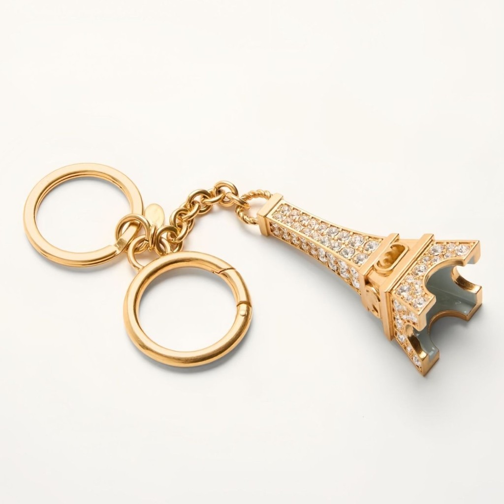 Bag with diamond-studded crystal Eiffel Tower keychain, fashionable keychain