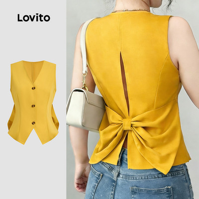 Lovito Áo thun nữ mùa xuân hè màu vàng lưng nơ cài nút LK6ED159
