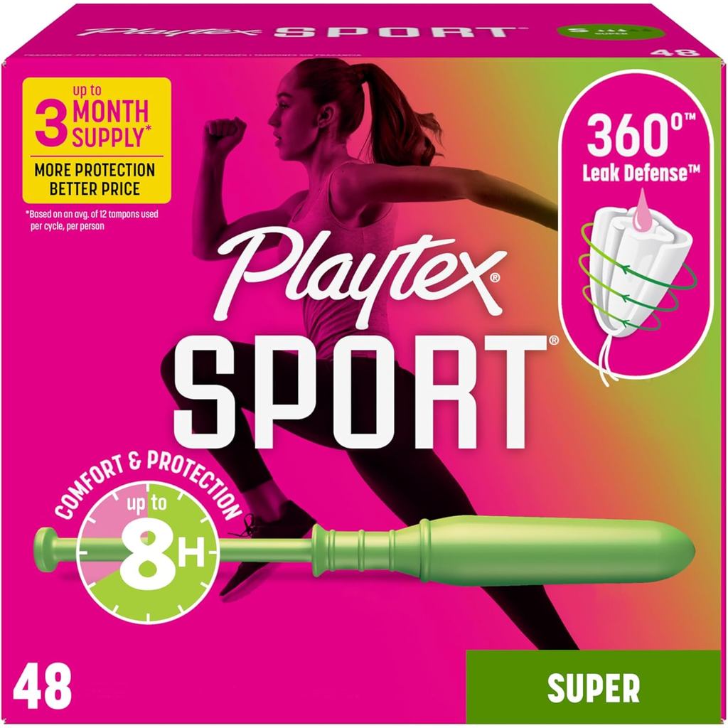 Playtex Sport Tampons Super, với 360 độ chống rò rỉ, không mùi, 48 ct