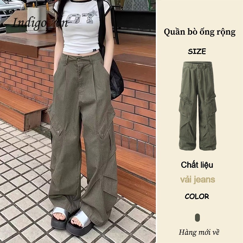 【Indigo】 Quần Jean Dụng Cụ Nhiều Túi Xếp Ly Cổ Điển Quần Ống Rộng Nữ