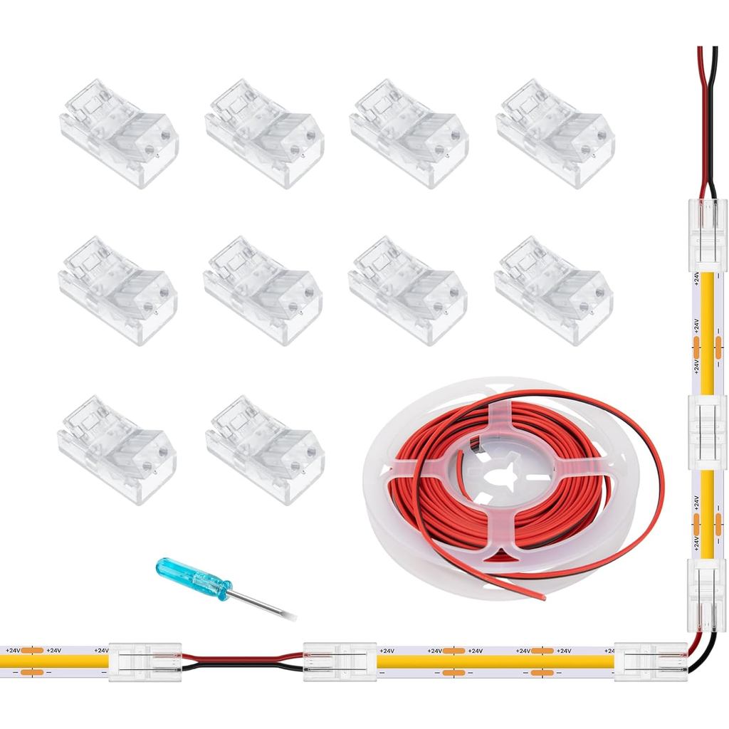 Bộ kết nối đèn LED dải 2 chân 8mm Cob, 10 gói Dải Cob không hàn với dây kết nối nhanh, bao gồm cáp n