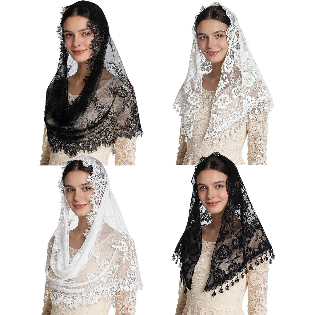 JATEBI 4 Nhà thờ Công giáo Mantilla Mạng che mặt Christian Head Covering Ren Veil Wedding Veil cho c
