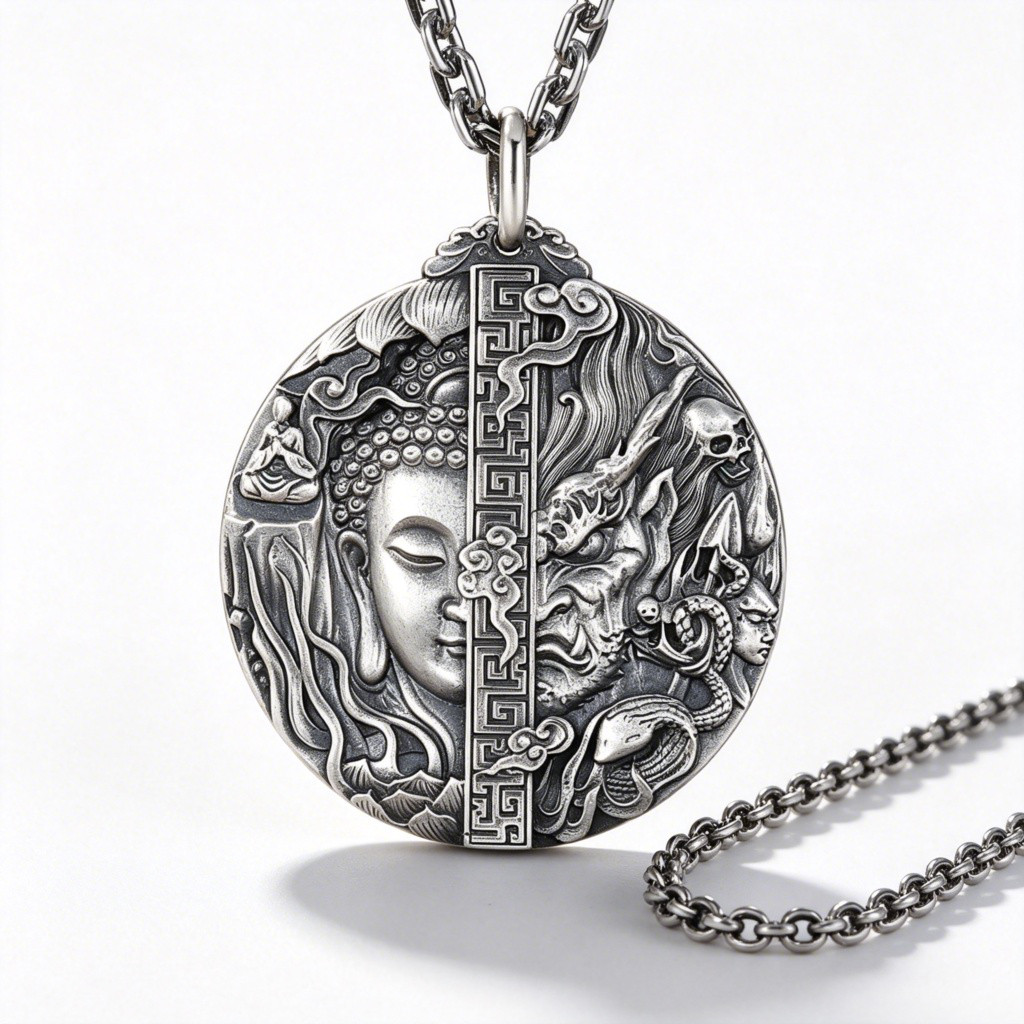 Vintage Mạ Bạc Phật Quỷ Mặt Dây Chuyền Vòng Cổ Nửa Phật Nửa Quỷ Tròn Huy Chương Nam Gothic Vòng Cổ