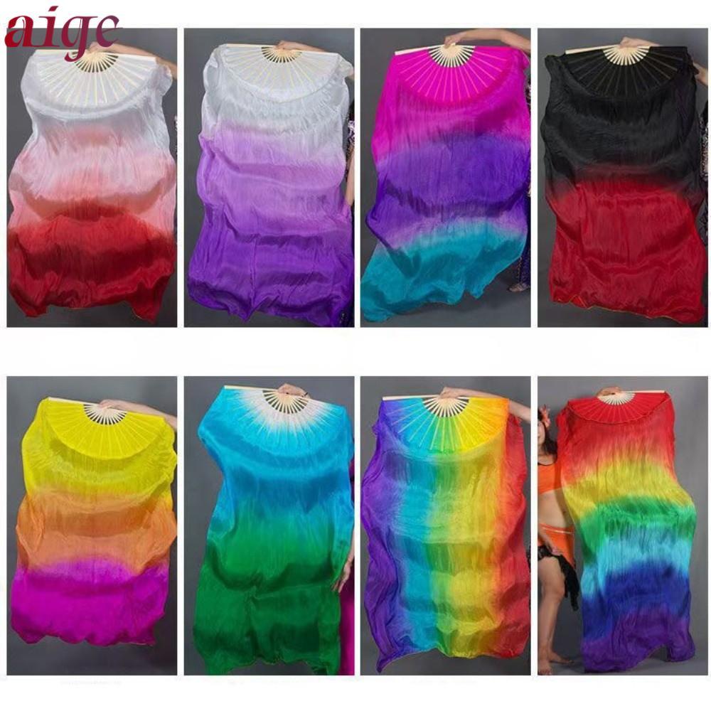 Quạt múa màu gradient AIGE, Quạt múa bụng màu hồng trắng ba màu gradient dành cho nữ, Quạt lụa Rayon