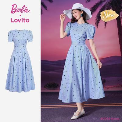 (New Arrival) Barbie™ X Lovito Váy Đầm Nữ Xanh Dương Dài Xuân/Hè Dáng A Nếp Gấp Khóa Zipper LBL5AD015