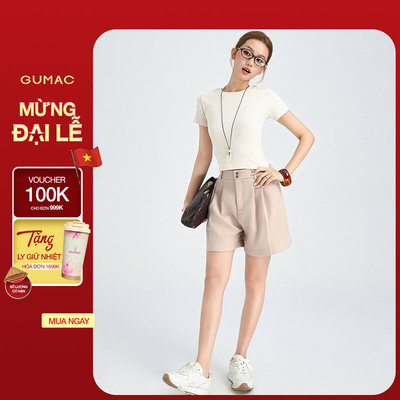 Quần Short Nữ GUMAC Form Suông Lưng Cao Cạp Cao Xếp Ly Nút Đôi Chất Tuyết Mưa Đứng Form Thoải Mái LSHG0408