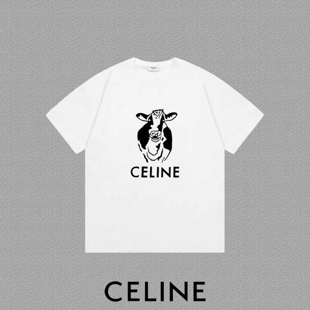 CELINE CELINE Phiên bản truy cập Áo thun ngắn tay phong cách cặp đôi thoáng khí dáng rộng cỡ lớn Cổ 