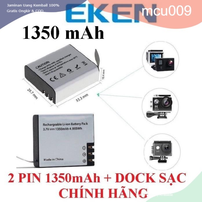 Combo 2 Pin 1350 mAh + Dock Sạc Đôi Cho Mọi Camera Hành Trình Eken H9r, SJCAM 4000, Amkov, Camera 4k