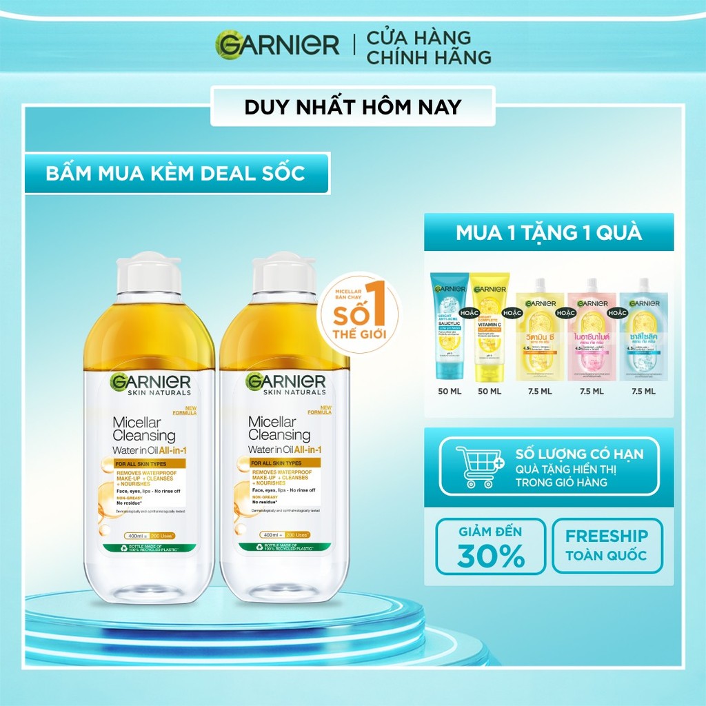 Bộ 2 nước làm sạch và tẩy trang cho da khô & trang điểm Garnier Micellar Water 400ml x 2
