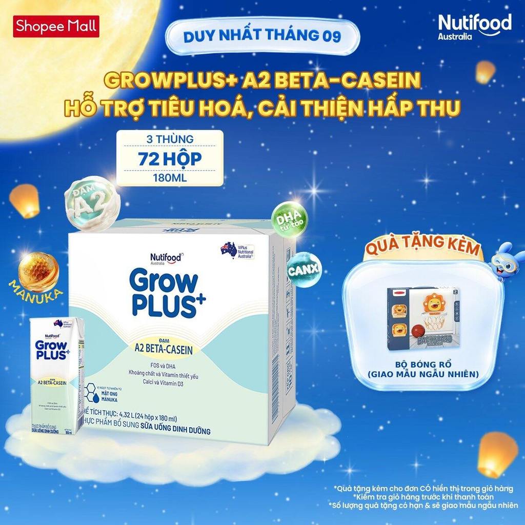 Combo 3 x Thùng 24 hộp Sữa bột pha sẵn GrowPLUS+ Đạm A2 Beta-Casein Hộp 180ml