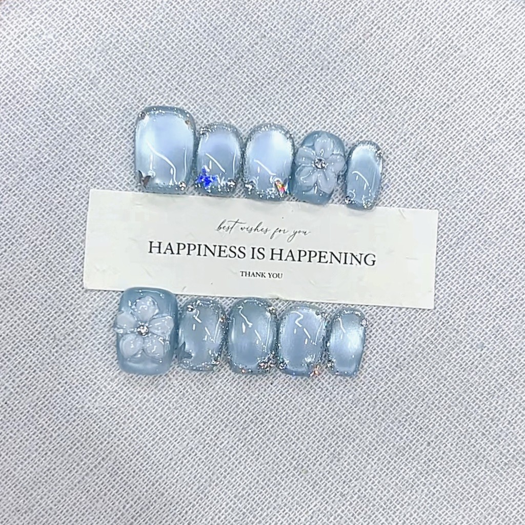 [Handmade Press On Nails Móng Tay Giả] Handmade Wear Armor Blue Ice Trong Suốt Khắc Tay Miếng Dán Mó