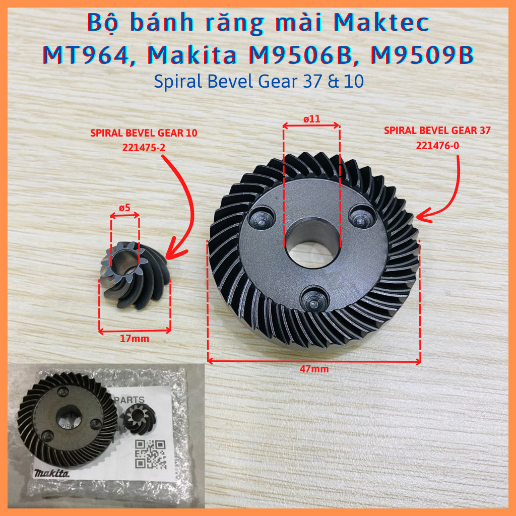 Bộ nhông - bánh răng máy mài Maktec MT964, MT967, Makita M9506B, M9509B (Spiral Bevel Gear 37 & 10)
