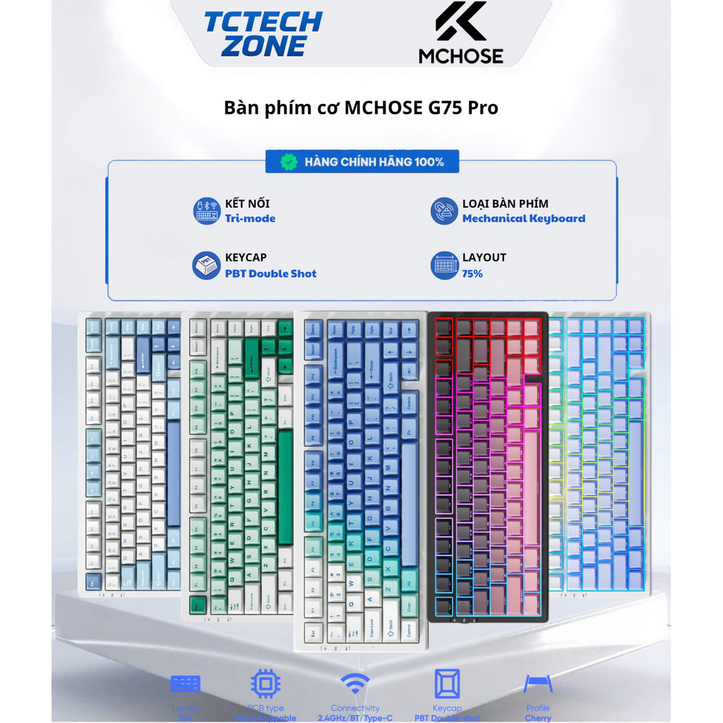 (Hỏa tốc BH24T) Bàn phím cơ MCHOSE G75 Pro Layout 75% | Tri-mode | Hotswap | Gasket | RGB | Chính hã