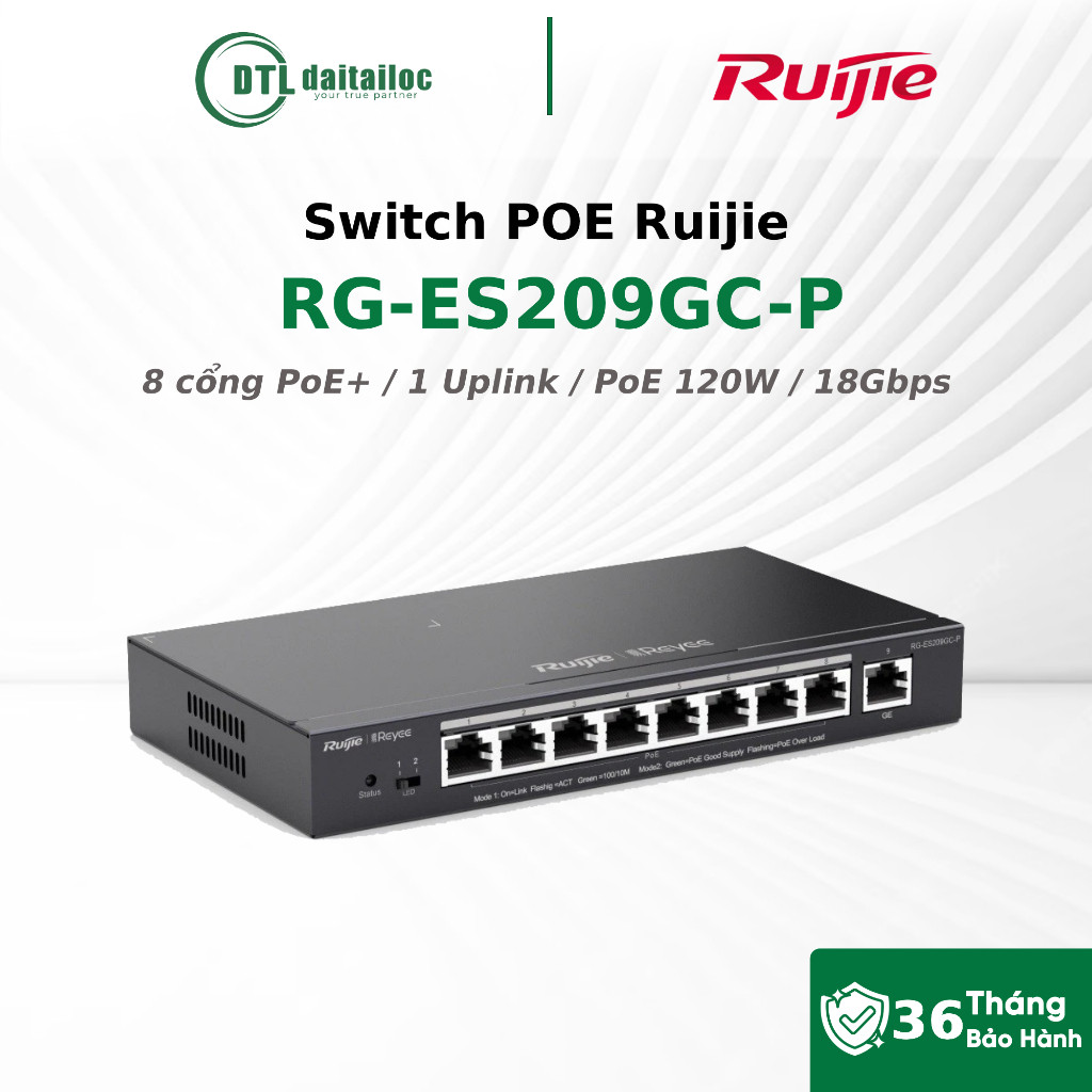 Switch PoE Ruijie RG-ES209GC-P 8 Cổng PoE+ 1 Uplink 120W | Chính Hãng | Bảo Hành 36 Tháng