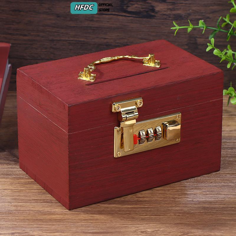 HFDC Hộp Gỗ Mật Khẩu Lo Tiết Kiệm Tiền Đồng Xu Hộp Heo Đất Tổ Chức Với Lo Hộp Kho Báu Cho Thẻ Đô La 