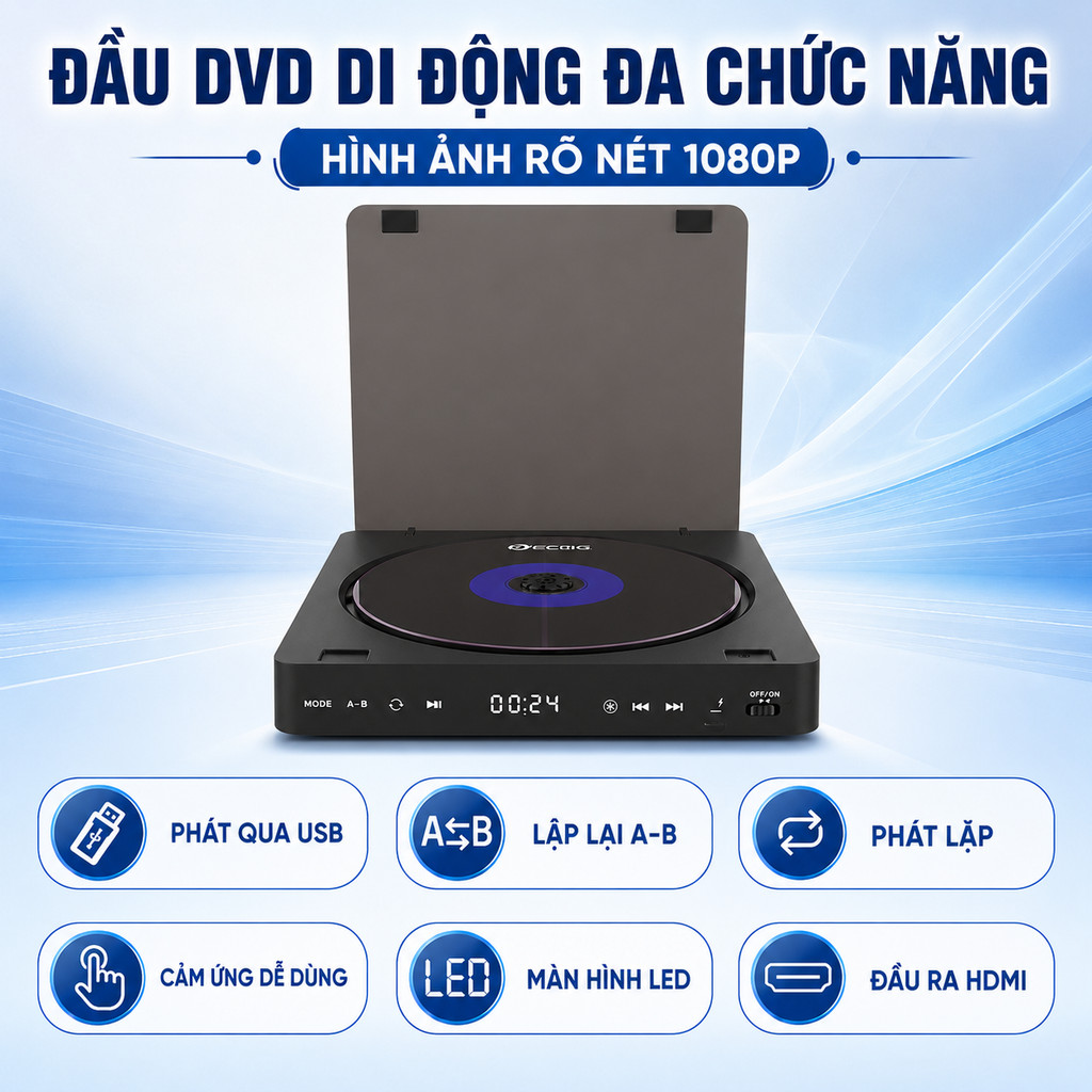 Máy DVD di động, đầu phát DVD, đầu đĩa xách tay, máy xem phim DVD, màn hình LED, cổng HDMI, dùng tại