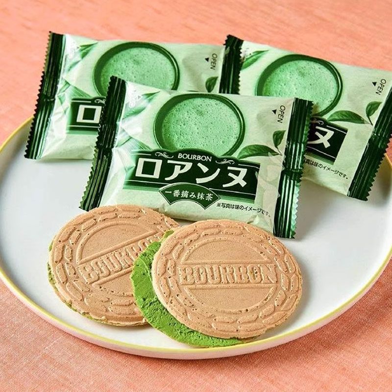 Bánh quy Nhật Bản Bourbon Bourbon Bourbon Matcha Hương Sandwich Wafer Bánh quy tròn nhỏ kiểu Pháp Bá