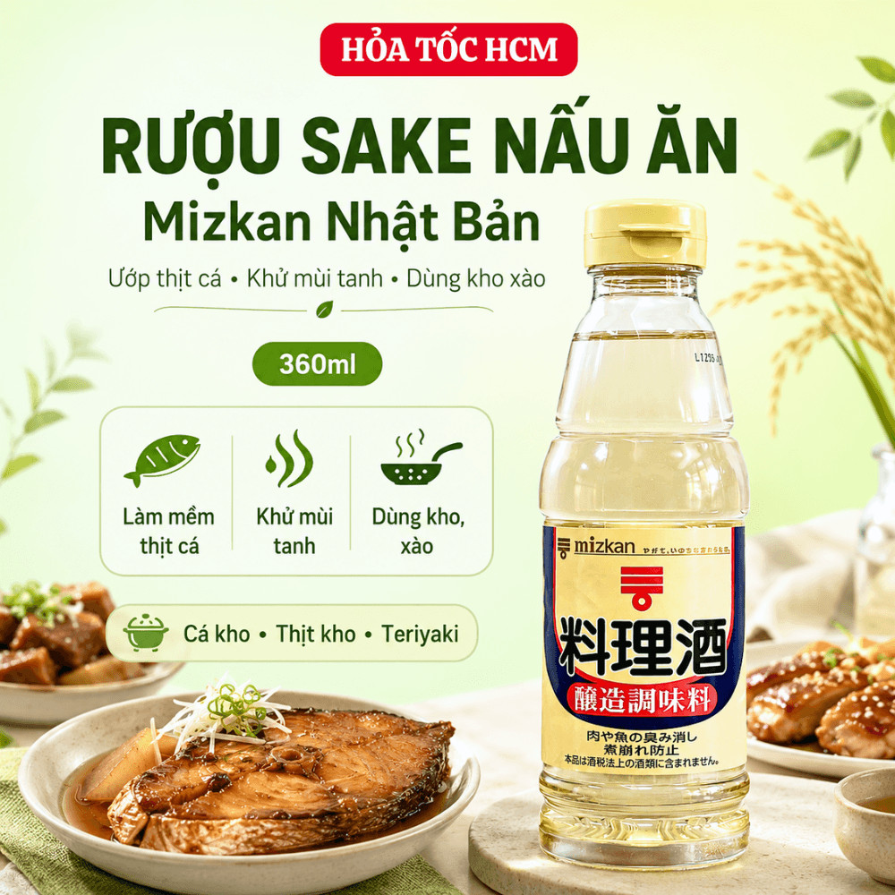 Sake nấu ăn Mizkan 360ml | Rượu nấu ăn Nhật Ryorishu ướp mềm thịt cá, khử mùi, kho xào nấu sốt