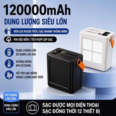 Sạc Dự Phòng 120000mAh Sạc Nhanh PD 22.5W Màn Hình LED Tích Hợp Dây Sạc Type-C Lightning USB