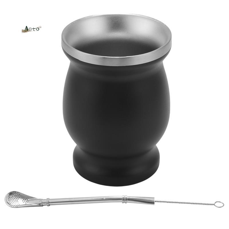 Yerba Mate Gourd Set Cốc trà không gỉ hai lớp và Bombilla 8 Ounce Bombillas Yerba Mate Straw - Đen