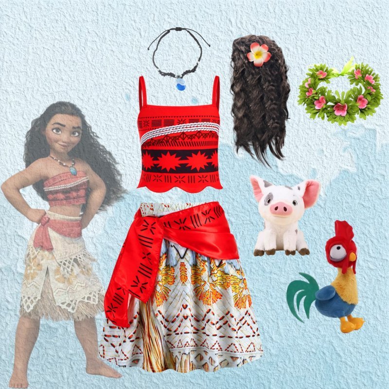 Trẻ Em Moana 2 Món Trang Phục Bộ Bé Gái Halloween Công Chúa Top Váy Tóc Giả Vòng Cổ Hoa Cosplay Tran