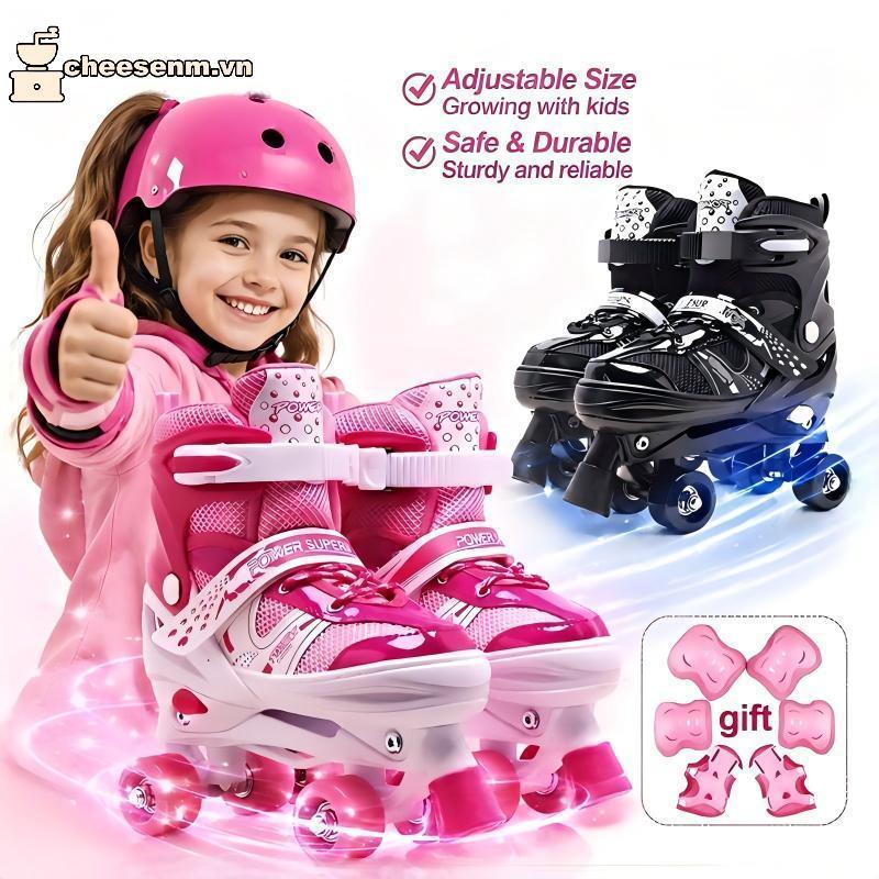 Cheenm Kids Quad Roller Skates Có Thể Điều Chỉnh Kích Thước Chống Trơn Trượt Phanh An Toàn Nhẹ Cho B