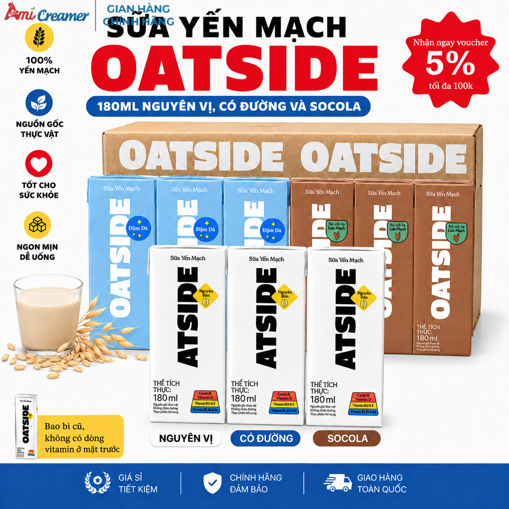 (Đủ Vị 180Ml) Sữa Yến mạch Oatside 180Ml Nguyên Vị, Có Đường Và Socola, Sữa Thực Vật Thơm Ngon Bổ Dư