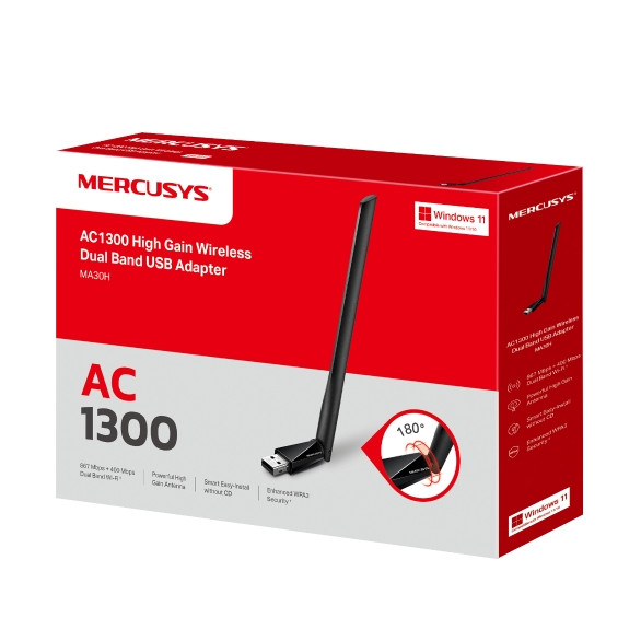 USB thu Wifi MERCUSYS MA30H AC1300 (Có anten, Windows)